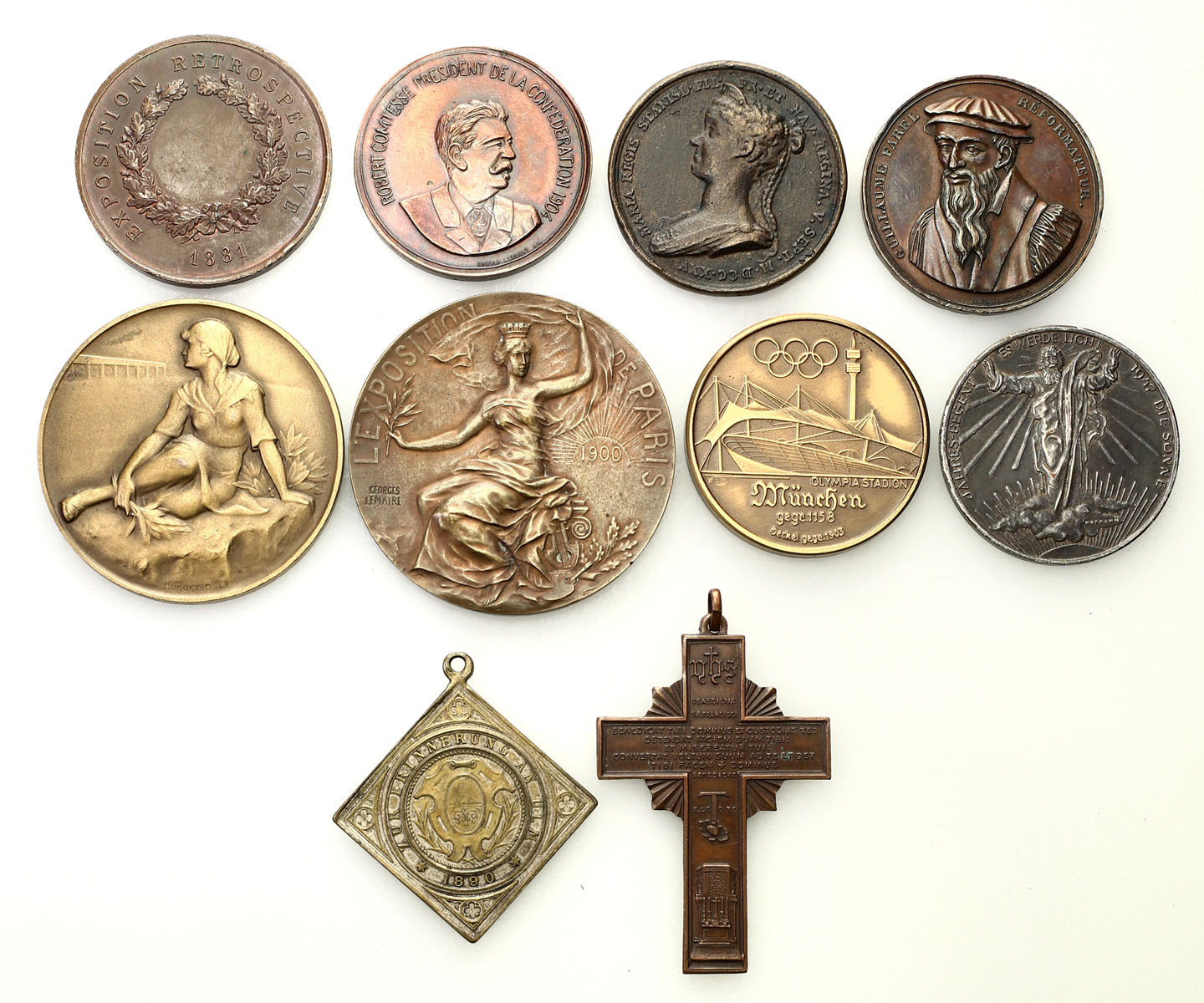 Europa – Francja, Niemcy, Szwajcaria. Medale, krzyż, zestaw 10 sztuk, brąz